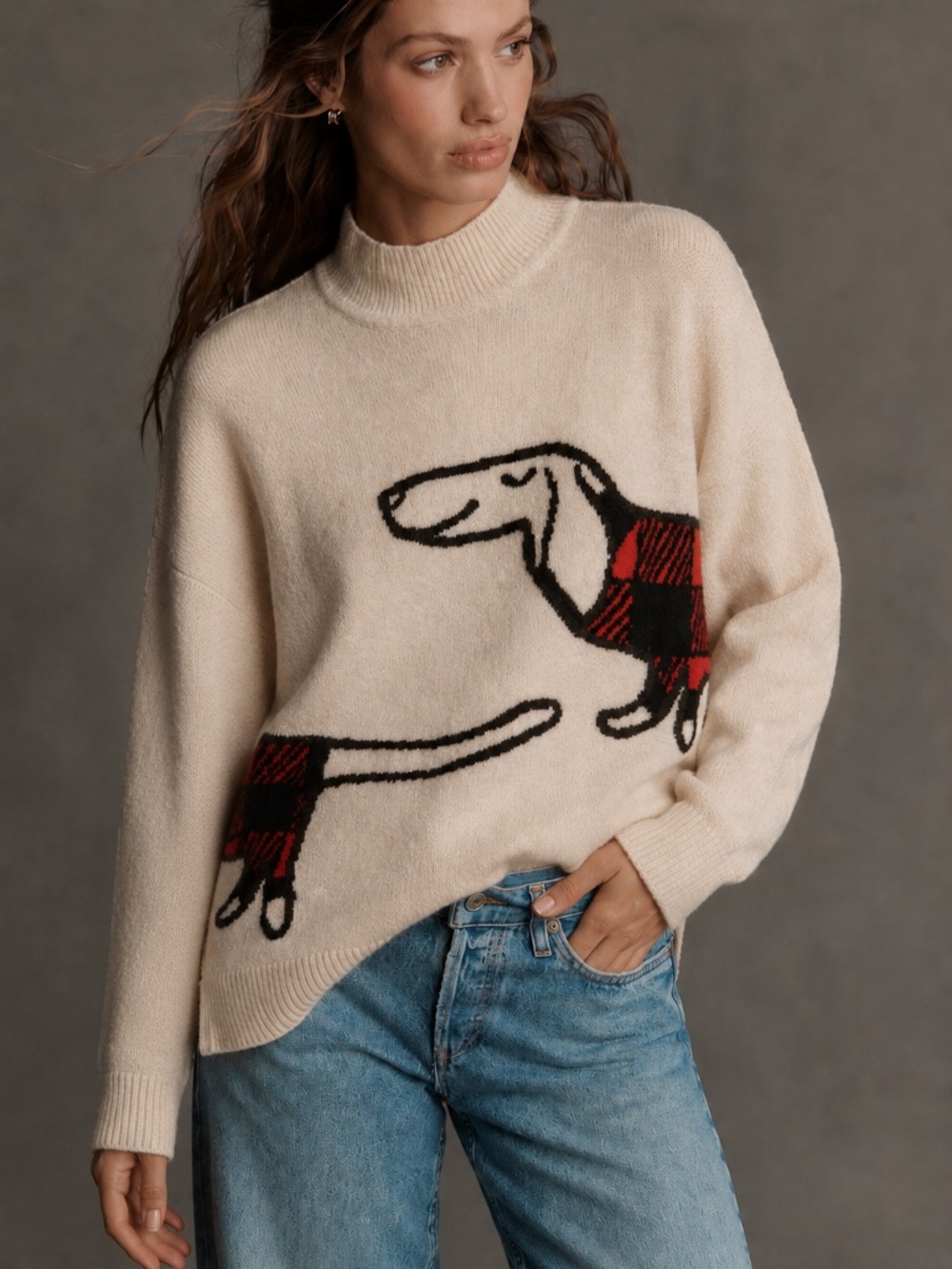 LOFT Dachshund Buffalo Plaid Mock Neck Sweater Size M Soft Cozy Knit Dog Print